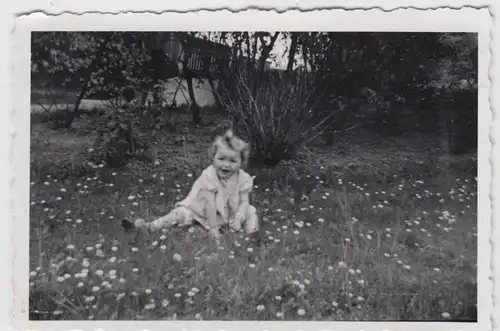 (F9508) Orig. Foto kleines Mädchen sitzt auf Wiese, Brumbach 1942