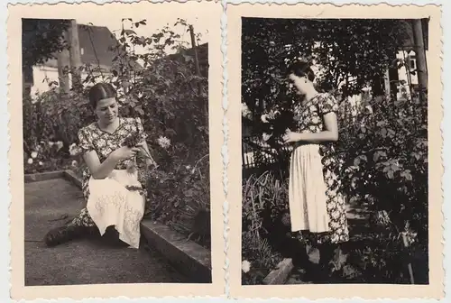 (F9057) 2x Orig. Foto junge Frau pflückt Blumen im Garten 1930er