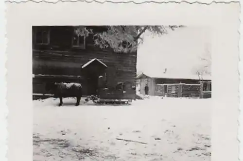 (F896) Orig. Foto Gebäude, Pferdeschlitten, Wehrmacht i. Russl., Winter 1940er