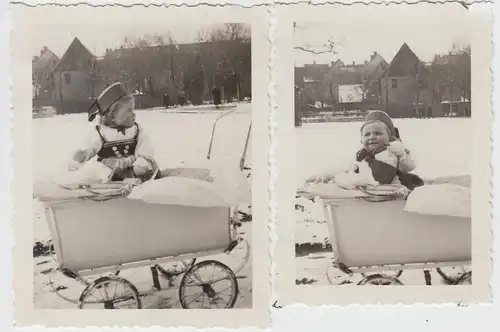 (F8843) 2x Orig. Foto Kind Rosemarie im Trachtkleid, Kinderwagen, Winter, Erfurt