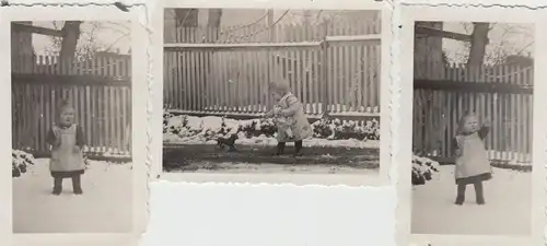 (F8830) 3x Orig. Foto kleines Mädchen mit Puppe am Gartenzaun im Winter, 1930er