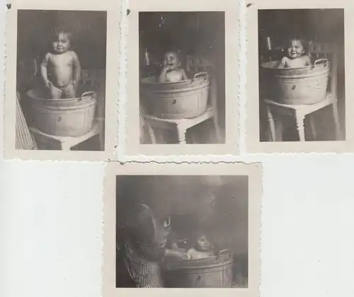 (F8828) 4x Orig. Foto Kleinkind badet in der Blechbadewanne, 1930er