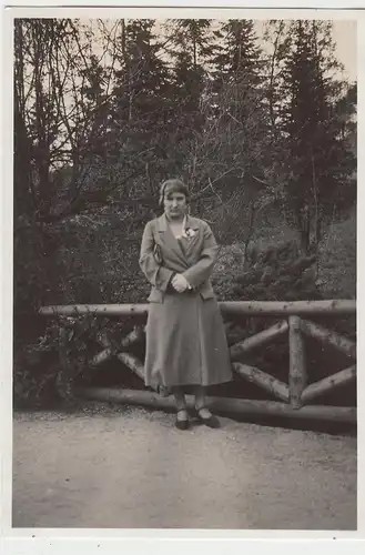 (F8697) Orig. Foto Plauen i.V., Dame am Geländer, Spaziergang (Park?), 1931