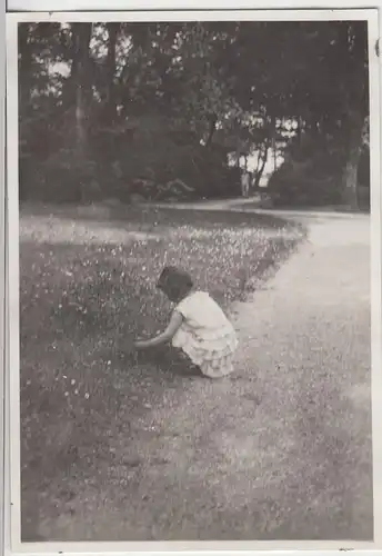 (F8685) Orig. Foto Stadtpark Erfurt, Mädchen pflückt Blumen, 1930er