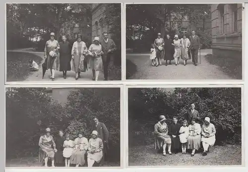 (F8677) 4x Orig. Foto Personen, Gruppe im Freien, Spaziergang, Parkbank 1930er