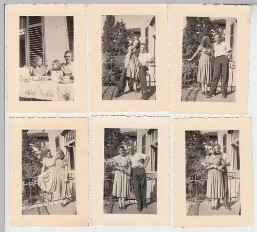 (F7666) 6x Orig. Foto auf dem Balkon, Besuch, Kaffeekränzchen, 1949