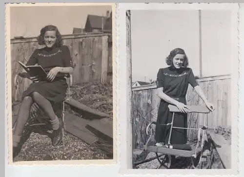 (F7602) 2x Orig. Foto Heidenheim an der Brenz, junge Frau am Wohnhaus 1944
