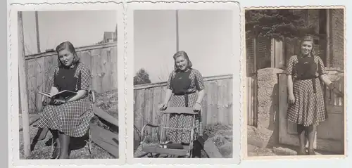 (F7601) 3x Orig. Foto Heidenheim an der Brenz, junge Frau am Wohnhaus 1944