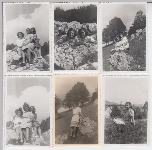 (F7600) 6x Orig. Foto junge Frauen Molli u. Wazzo im Freien, am Felsen um 1944