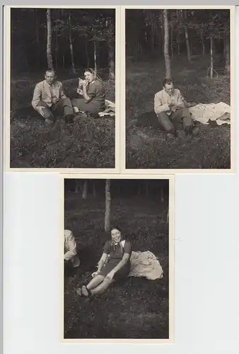 (F7207) 3x Orig. Foto Wanderung, Paar macht Rast am Wald 1939