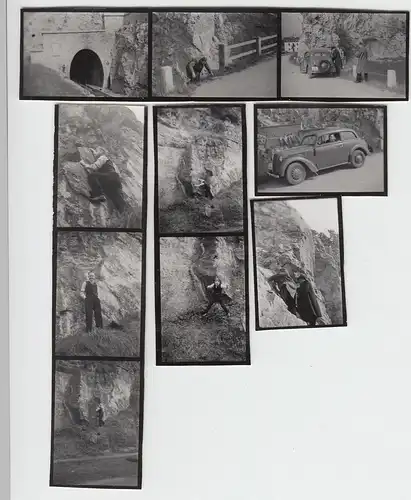 (F6864) 10x Orig. Mini-Fotos Felsen Klettertour, Eisenbahntunnel Pkw, vermutl. E