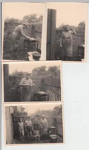 (F6113) 4x Orig. Foto DDR Grillen im Hinterhof 1950er