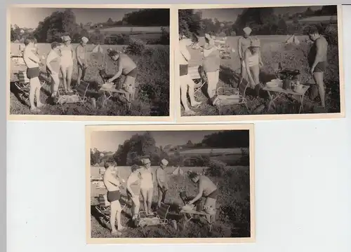 (F6087) 3x Orig. Foto DDR Camping, Grillen auf Wiese, nach 1945