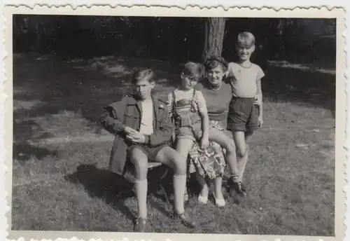 (F6010) Orig. Foto Mutter mit ihren 3 Söhnen am Wald, 1953