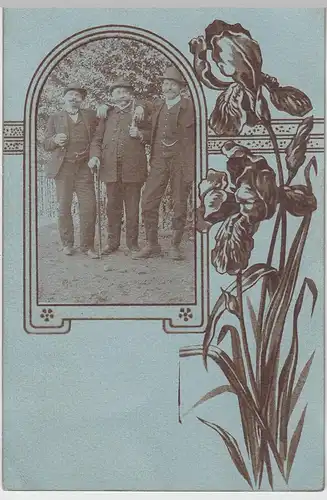 (F4604) Orig. Foto 3 Herren, Wanderung, Foto Blumendekor, 1910/20er