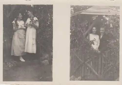 (F4374) Orig. Foto Personen am und im Gartenhäuschen, Doppelfoto vor 1945