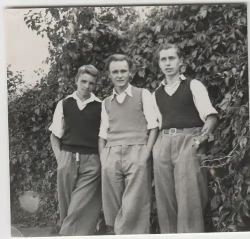 (F3806) Orig. Foto 3 junge Kerle (Hans, Erhard, Horst) an der Hecke 1933