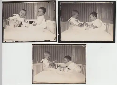 (F30830) 3x Orig. Foto Kleinkinder im Bett, Wickeltisch 1927