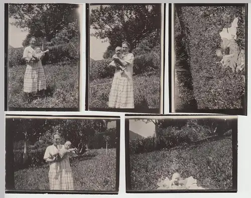 (F30820) 5x Orig. Foto Frau mit Kleinkind im Freien, Decke auf Wiese 1927