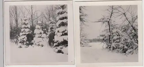 (F29974) 2x Orig. Foto Winterlandschaft, Personen am verschneiten Baum 1936