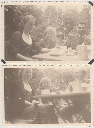 (F29888) 2x Orig. Foto Familie am Kaffeetisch im Freien 1940