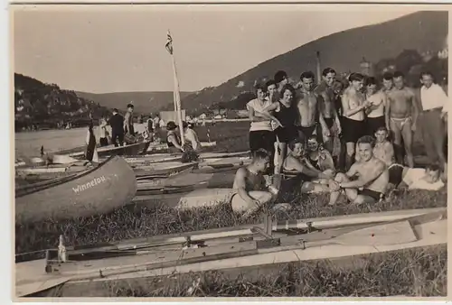 (F29412) Orig. Foto Ruderer machen Rast auf Insel bei Schwabenheimerhof 1930