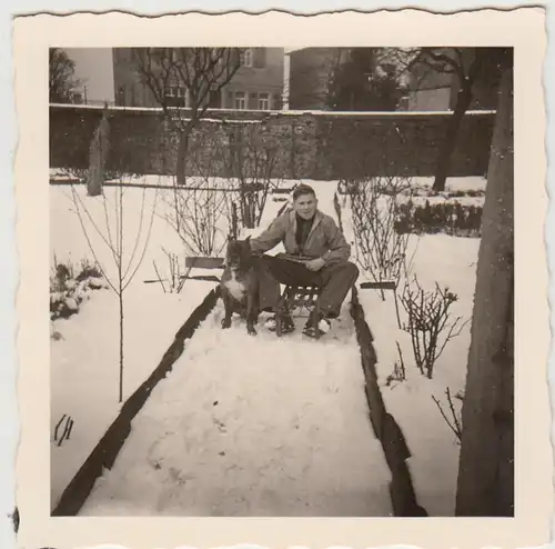 (F28883) Orig. Foto Junge mit Hund auf Schlitten im verschneiten Garten 1950er