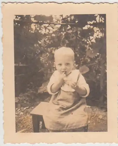(F28679) Orig. Foto kleiner Junge auf Hocker im Garten 1930er