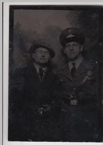 (F28434) Orig. Foto Porträt deutscher Soldat u. Zivilist a. Metallplatte 1930er