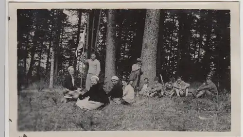 (F28320) Orig. Foto Personen mit Fahne im Wald 1932