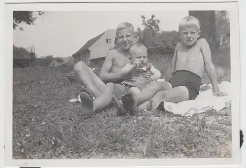 (F27181) Orig. Foto 3 Jungs auf der Wiese 1944