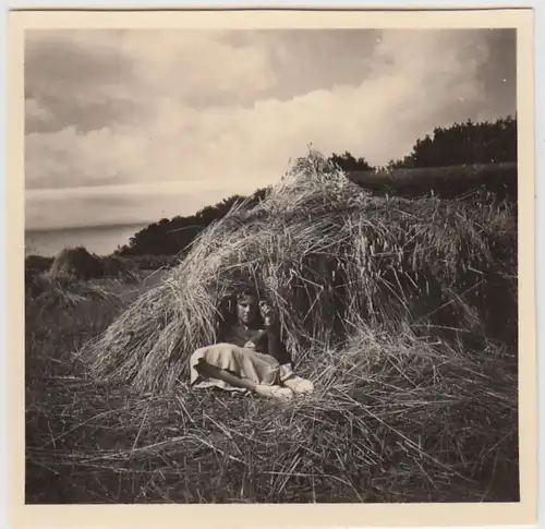 (F27119) Orig. Foto Rerik, Person versteckt in Getreidegarbe auf Feld 1956