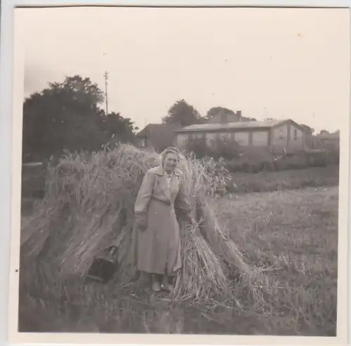 (F27118) Orig. Foto Rerik, Frau an Getreidegarbe auf Feld 1956