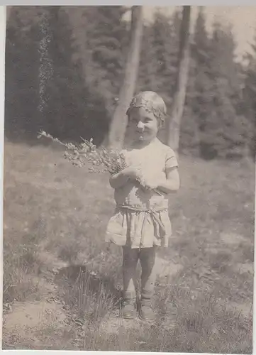 (F26025) Foto kleines Mädchen Hannelore Messerschmidt m. Blumen i. Freien 1927