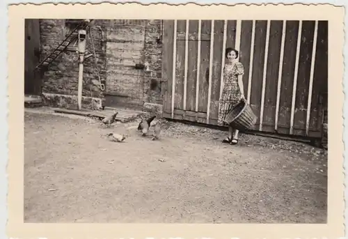 (F24632) Orig. Foto Frau füttert Hühner und Taube im Hof, 1953