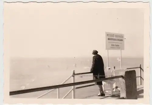 (F24605) Orig. Foto Frau am Bodensee, Schild Motoboot-Rundfahrten 1960er