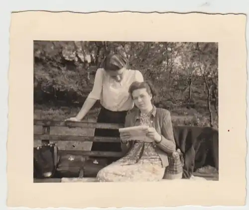 (F24483) Orig. Foto junge Damen auf Bank im Garten 1951