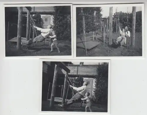 (F23339) 3x Orig. Mini-Foto Herr u. Junge schaukeln im Garten 1937