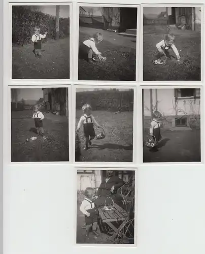 (F23258) 7x Orig. Mini-Foto Kind findet Osternest im Garten, Ostern 1936