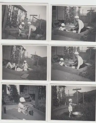 (F23232) 6x Orig. Mini-Foto Mann und Kind spielen im Garten, Sandkasten 1935