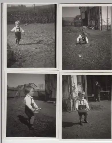 (F23213) 4x Orig. Mini-Foto Kind findet Osternest im Garten, Ostern 1935