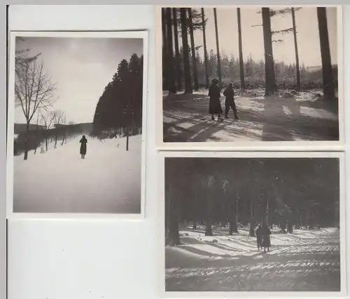 (F23176) 3x Orig. Mini-Foto Spaziergang im Winter bei Würbenthal 1935