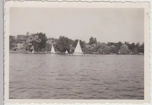(F22374) Orig. Foto Sport-Ruderer und Segelboot auf dem Wasser 1950er