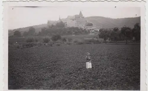 (F21713) Orig. Foto Frau auf Feld vor Kloster Kalvarienberg 1939