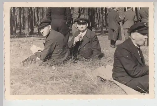 (F19929) Orig. Foto Männer sitzen im Gras, Picknick im Wald 1940