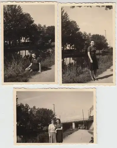 (F19721) 3x Orig. Foto Nürnberg, Frauen spazieren am Kanal, Brücke Dampflok 1940
