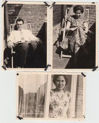 (F19314) 3x Orig. Foto Personen auf einem Balkon, Schweriner Wohnung 1956