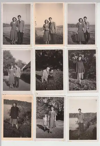 (F19283) 9x Orig. Foto junges Paar m. Kind, Spaziergang i. Schwerin 1951