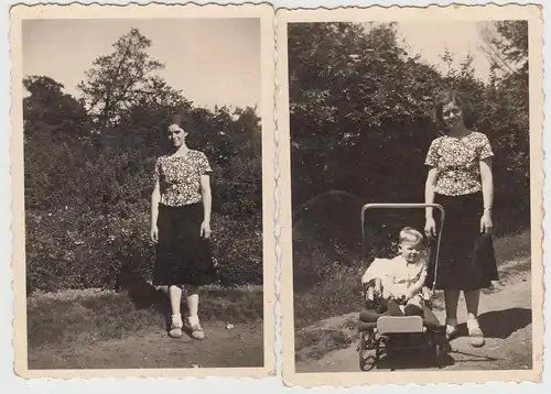 (F19119) 2x Orig. Foto Frau mit Kind im Kinderwagen 1930-50er