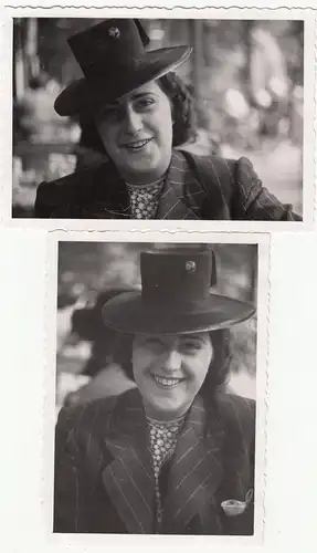 (F18636) 2x Orig. Foto Porträt Frau mit Hut 1930/40er